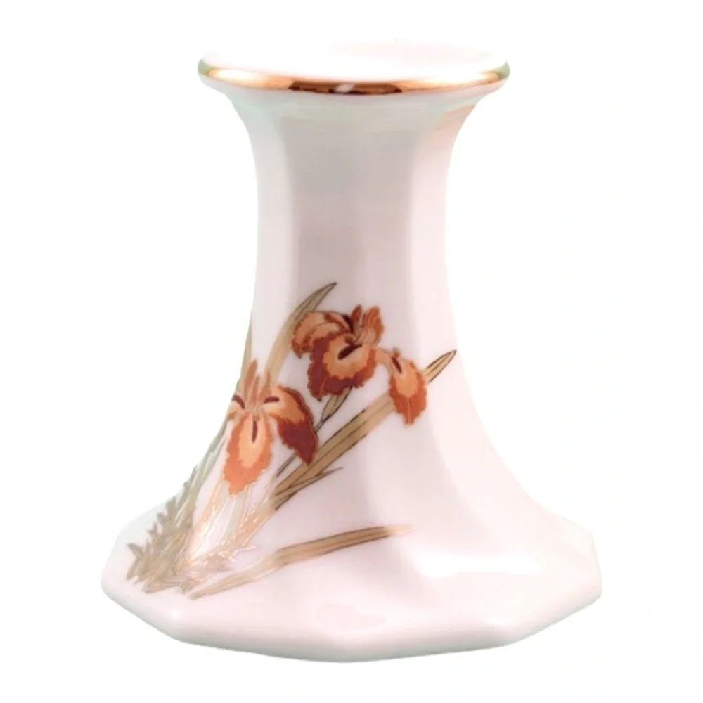 Porcelain White Candlesticks With Peach and Rust Iris flowers And Gilding. Set 2